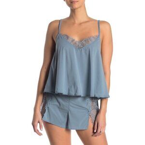 French Connection Camisole Tank Top Lace trim Cropped Grey Teal Blue Size Small